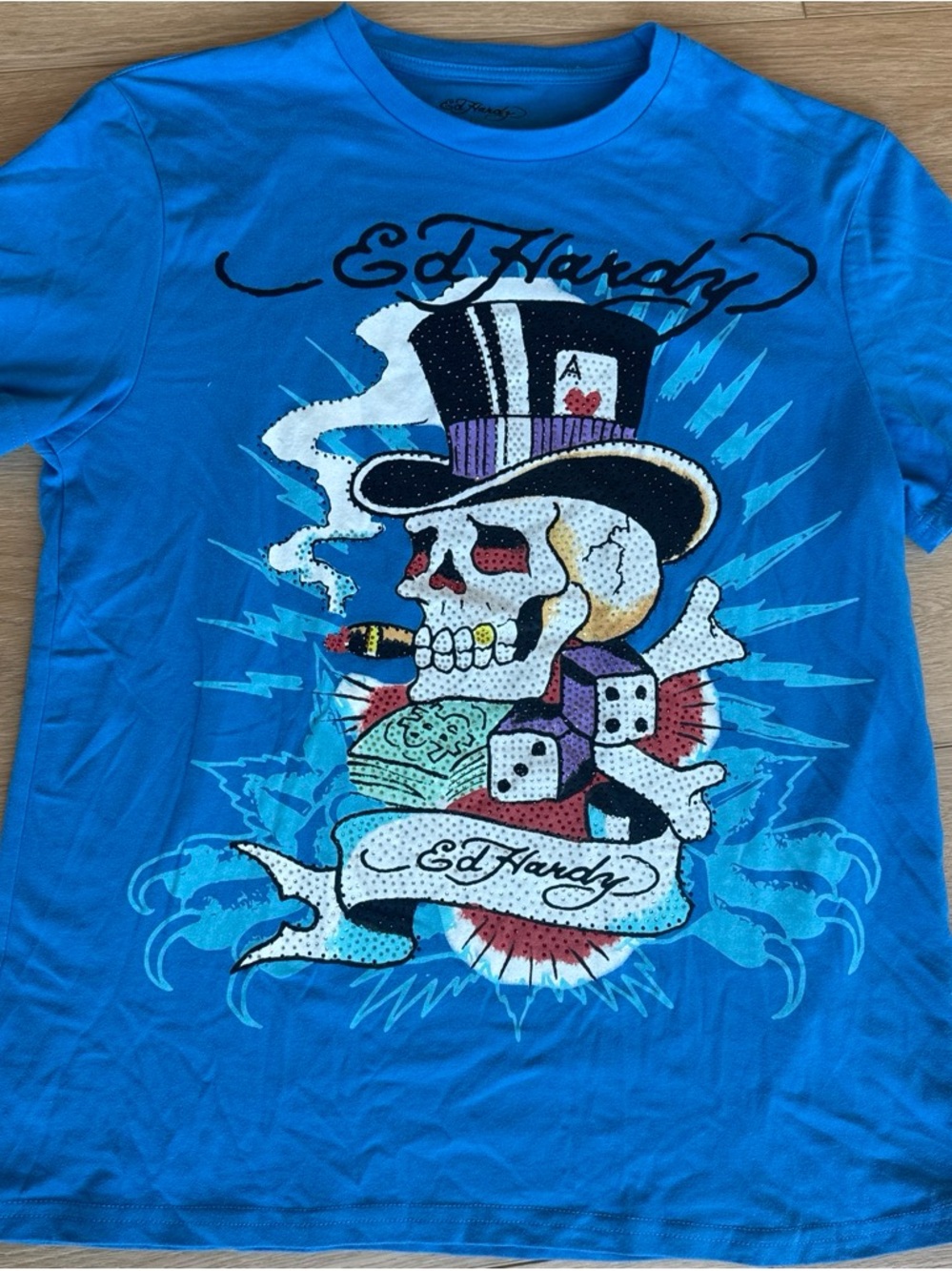 Ed Hardy Blue Graphic Skull Tee with Top Hat and Dice